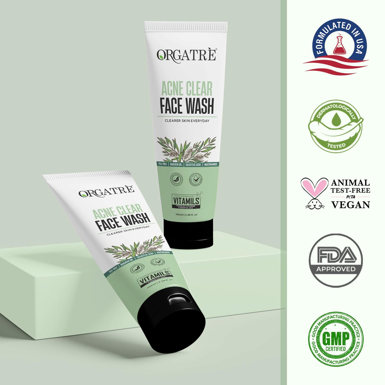 Orgatre Acne Clear Face Wash with Tea Tree, 2% Salicylic Acid & Niacinamide | Anti-Acne & Pore-Cleansing Formula for Clearer Skin | 100ml