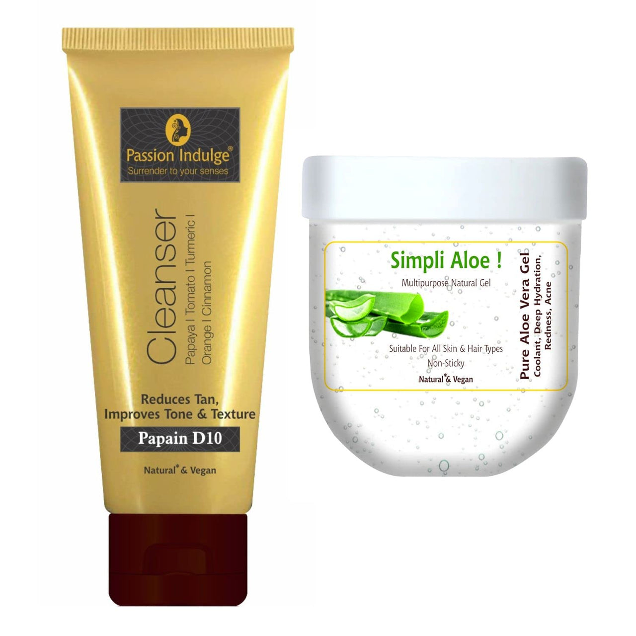 Passion Indulge Natural Papain D10 Cleanser 100ml & Simpli Aloe Vera Gel For Skin 200ml Combo Pack For Reduces Tan