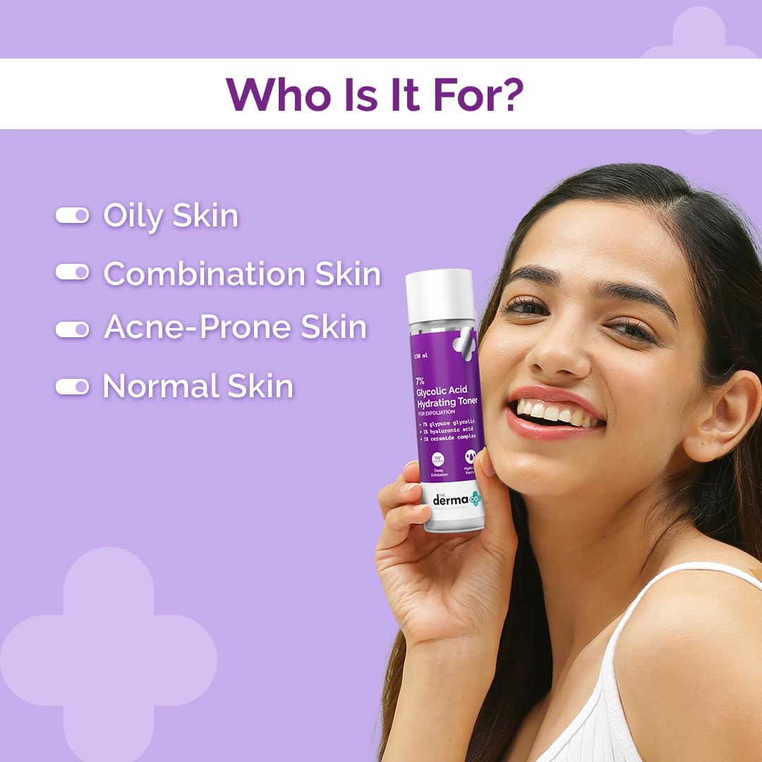 The Derma Co . 7% Glycolic Acid Hydrating Toner Hyaluronic Acid & Ceramide Complex For Glowing Skin Multi-Purpose Exfoliating Toner For Face,Body,Underarms & Scalp LotionI For Dull & Uneven Skin150Ml