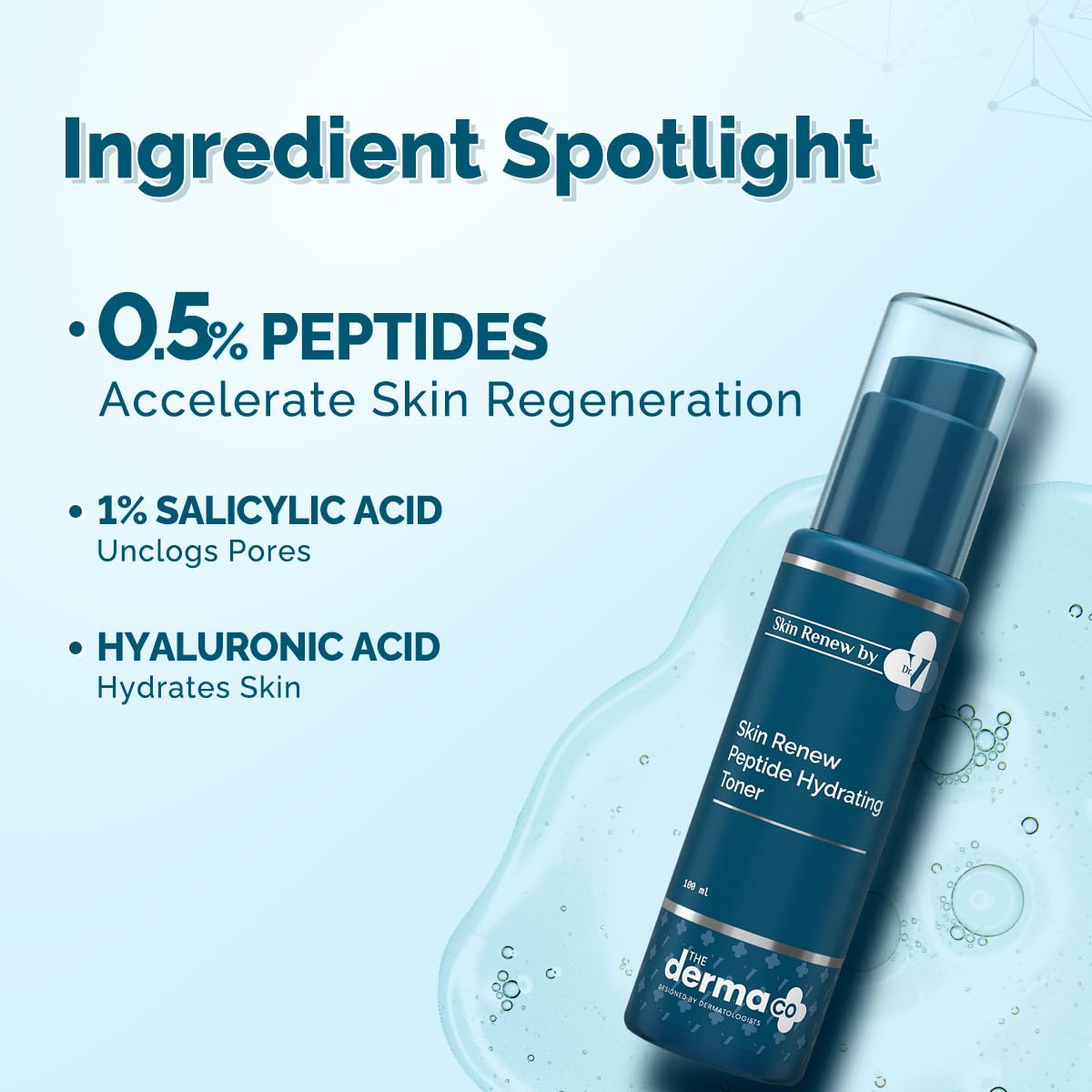 The Derma Co. X Dr.V Skin Renew Peptide Hydrating Toner With Hyaluronic Acid - 100 Ml, 1% Salicylic Acid, Unclogs Pores, Alcohol-Free