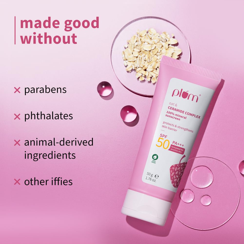 Plum Oat & Ceramide Complex100% Mineral Sunscreen | SPF 50 PA+++ | For Sensitive Skin | Strengthens Skin Barrier | Sun Protection From UVA/B Rays | Lightweight, Non-Oily | Men & Women | 50g