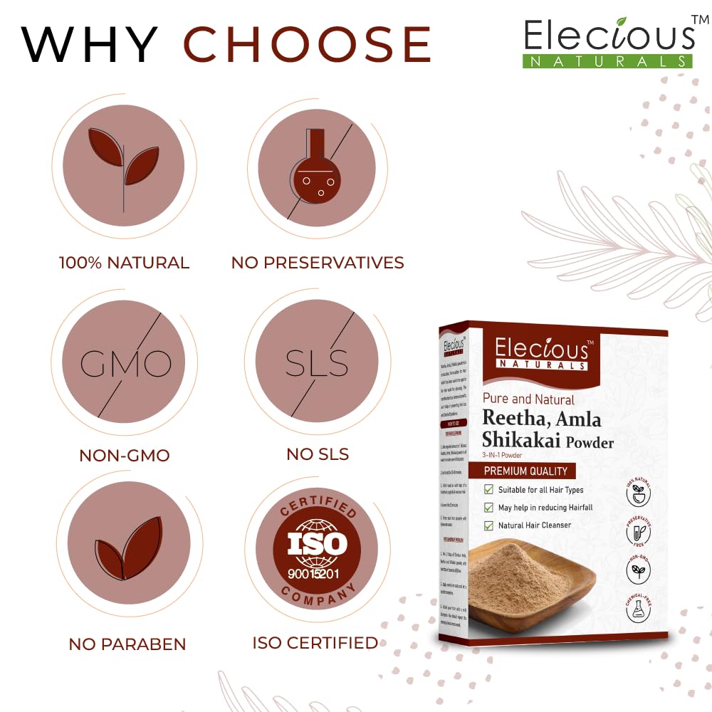Elecious Pure Amla, Reetha, Shikakai Powder for Hair | Natural Hair Cleanser | 100% Natural, No Chemical or Preservative | SLS, Paraben-Free | Prevents Hairfall & Dandruff, Boost Hair growth