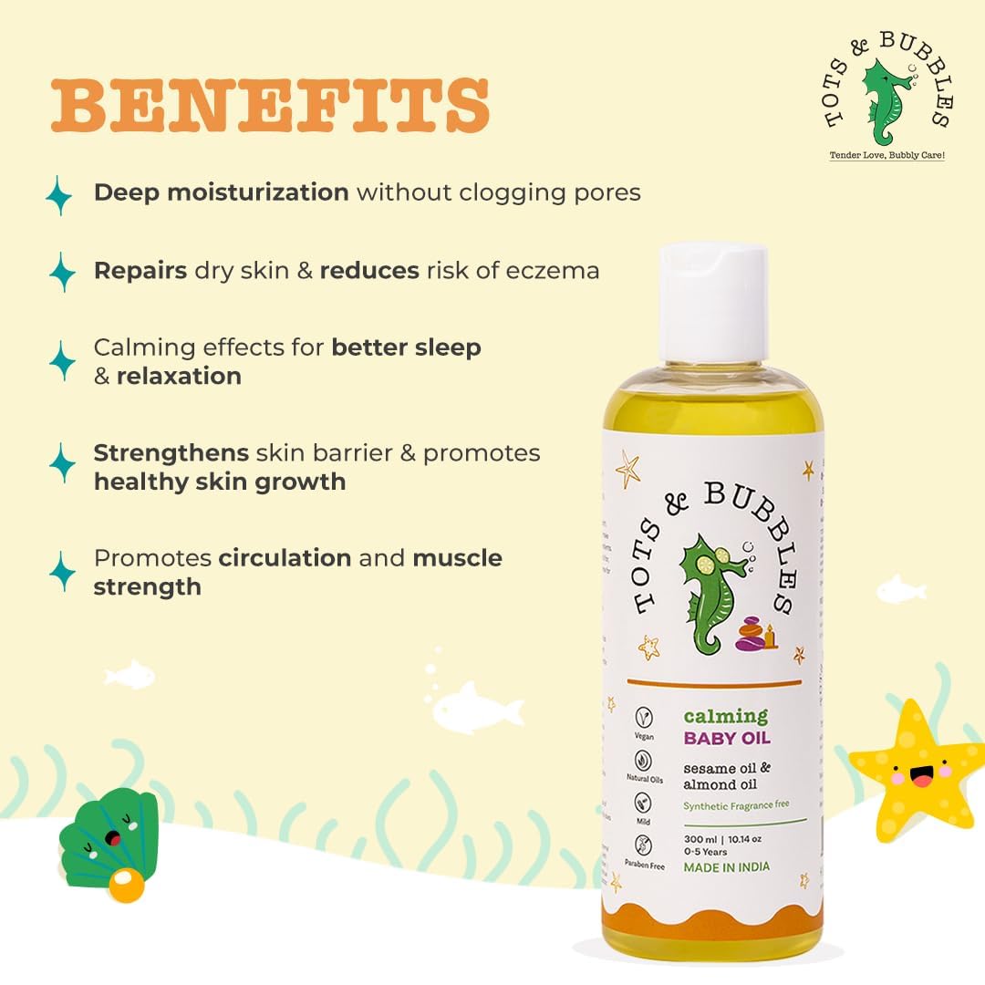 Tots & Bubbles Calming Baby Massage Oil with Sweet Almond & Olive Oil - 300 ml | Enriched with of Shea butter, Lavender & Mustard | Gentle on the skin, Free from Harmful Chemicals, No Artificial Scent