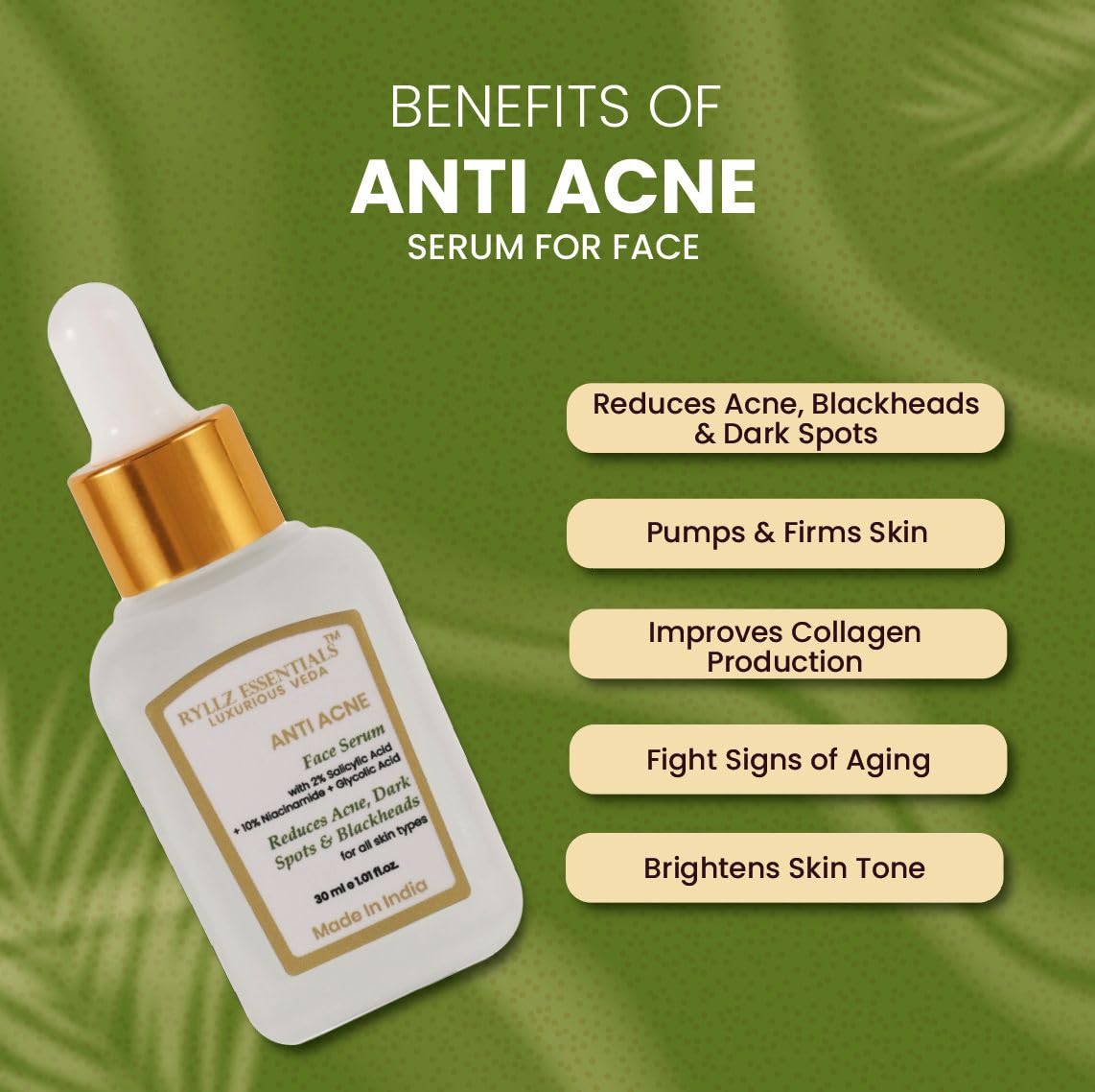 RYLLZ ESSENTIALS Anti-Acne Face Serum | with 2% Salicylic Acid, 10% Niacinamide, 3% Glycolic Acid, Hyaluronic Acid, Neem Extract & Basil Extract | For Acne, Blackheads, Dark Spots, Oil Control & Open Pores | 30ml