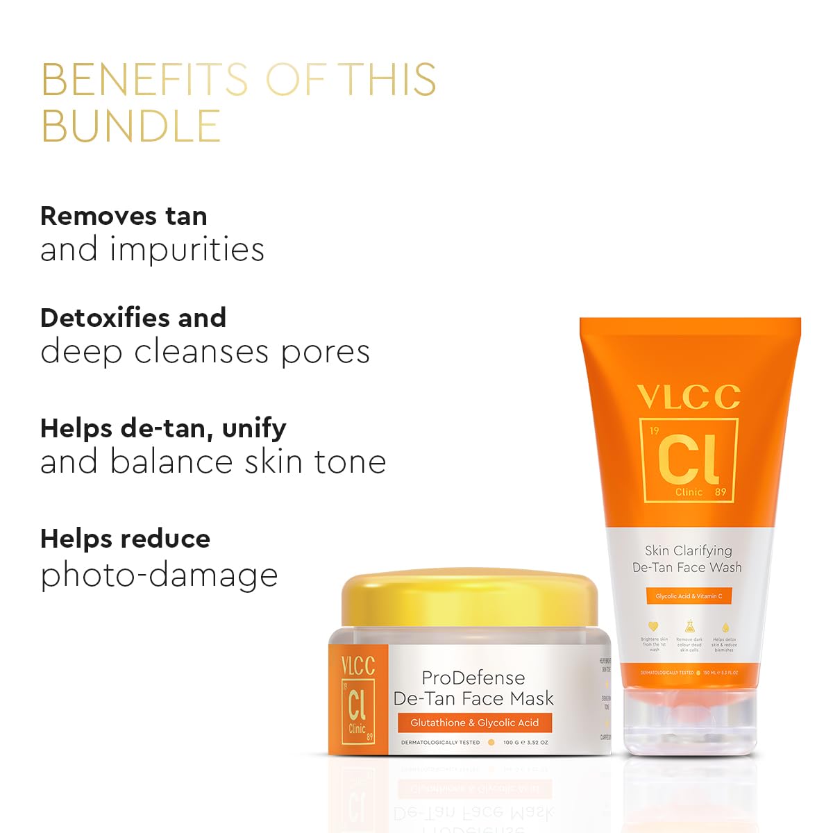 VLCC Clinic Instant De-Tan Face Wash & Mask Combo for Tan Removal | Skin Clarifying De-Tan Face Wash - 150ml with Glycolic Acid & Vitamin C + De-Tan Face Mask - 100g with Glutathione