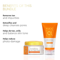 VLCC Clinic Instant De-Tan Face Wash & Mask Combo for Tan Removal | Skin Clarifying De-Tan Face Wash - 150ml with Glycolic Acid & Vitamin C + De-Tan Face Mask - 100g with Glutathione