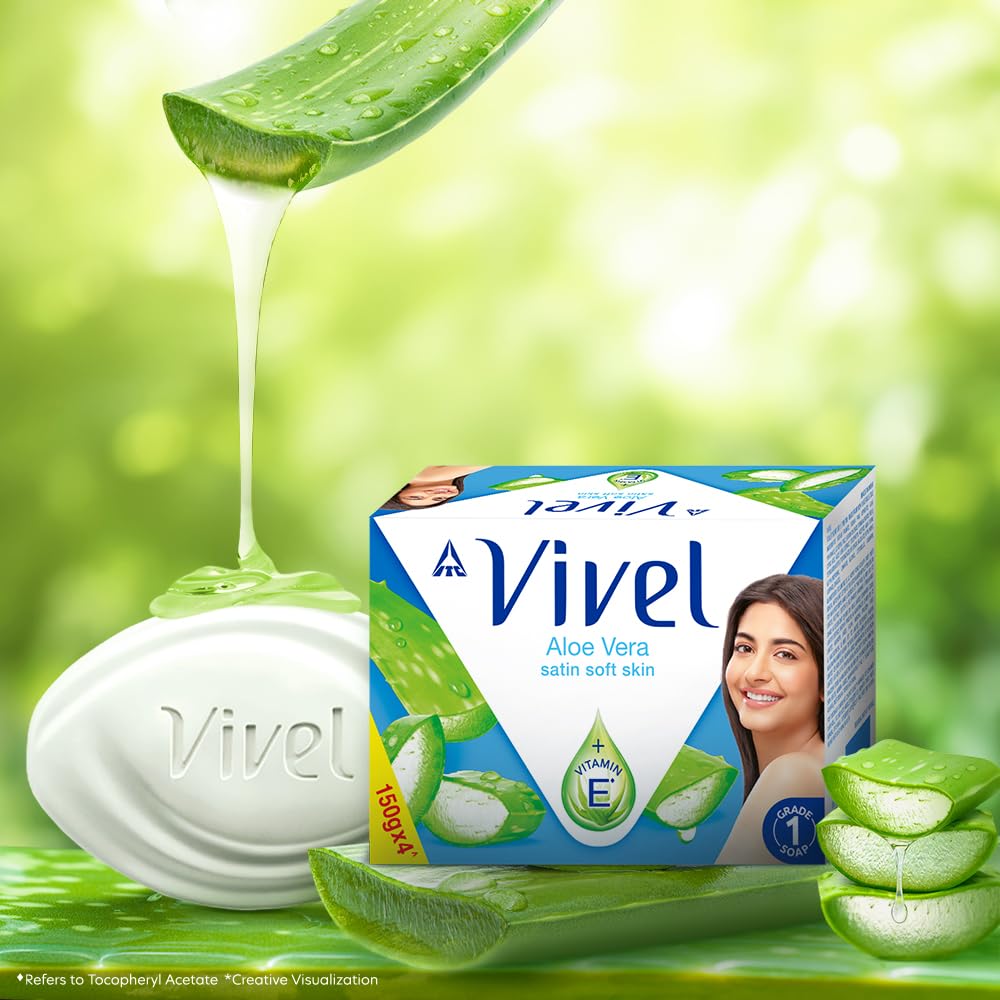 Vivel Aloe Vera Grade 1 Bathing Soap with Vitamin E for Soft Glowing skin, 600g (150g - Pack of 4), Soap for Women & Men, For All Skin Types