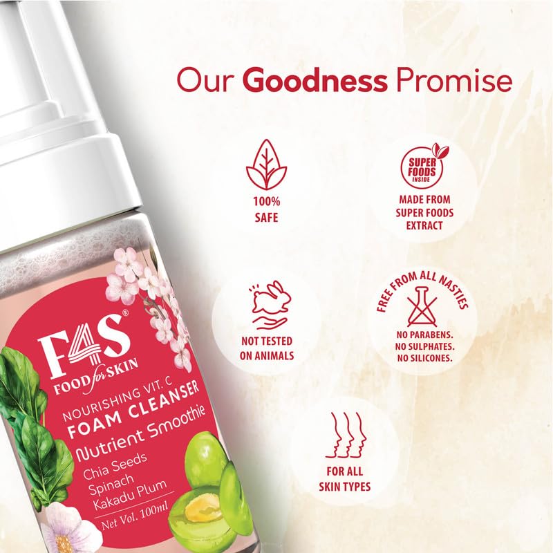 F4S Food for Skin Nourishing Face Foam Cleanser |Rich in Superfoods Kakadu Plum, Chia seeds, Spinach | Vitamin C& Anti-oxidants | Gentle cleansing |Skin Hydration & Brightening | All Skin Types |100ml