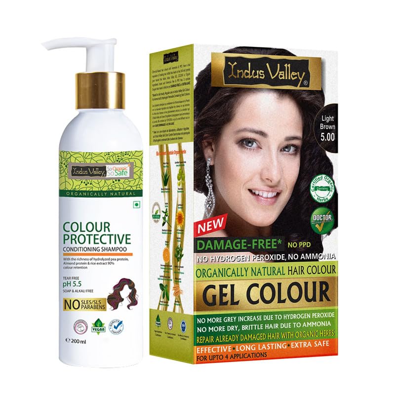 INDUS VALLEY Natural Damage Free Gel Colour Light Brown With Colour Protection Shampoo (200 ml)