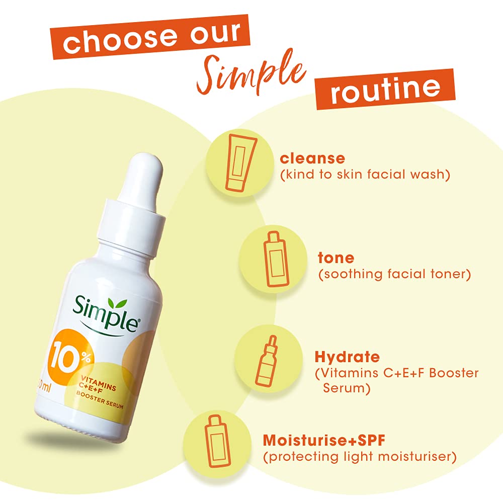 Simple Booster Serum 10% Vitamin C+E+F For Youthful Glowing Skin, 30 ml+Simple Kind To Skin Refreshing Facial Wash 150 ml