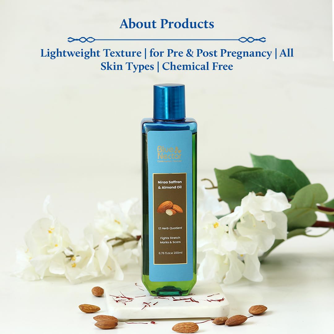 Blue Nectar Saffron & Almond Oil for Skin | Natural Stretch Mark Body Oil for Glowing Skin | Natural Skincare Oil for Pregnant Women & New Mothers (12 Herbs, 100ml)