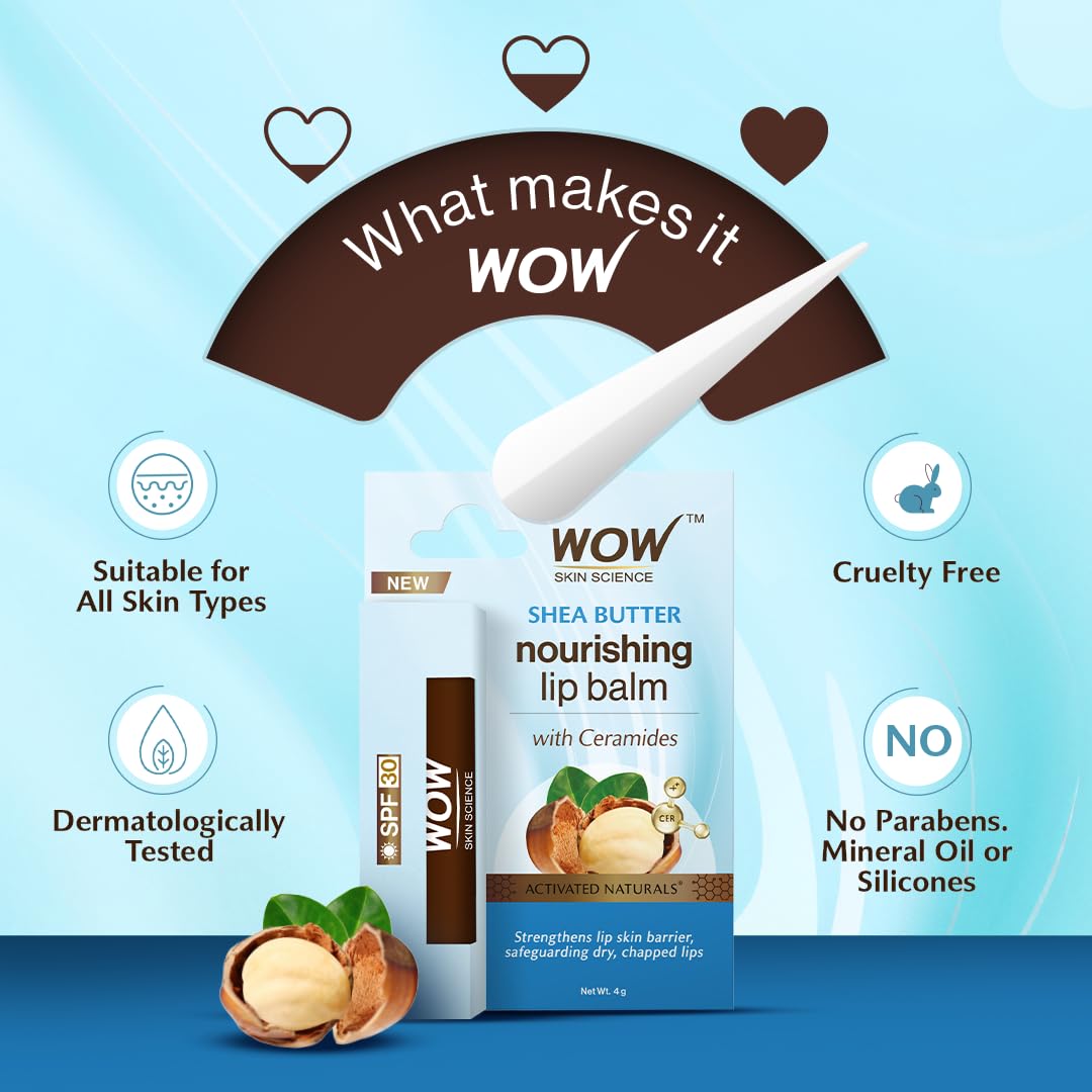 WOW Skin Science Shea Butter Nourishing Lip Balm with Ceramides – Hydrating Lip Balm for Dry, Chapped Lips | Strengthens Lip Skin Barrier | SPF 30 | 4g