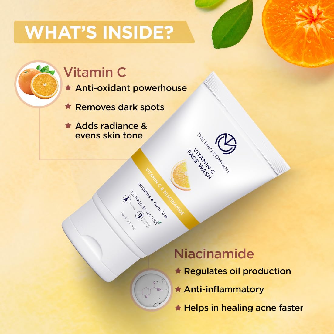 The Man Company Skin Brightening Vitamin C Face Wash - 100ml | Oil-Free Look & Instant Glow | Evens Skin Tone | Goodness of Turmeric & Niacinamide I Paraben & SLS Free