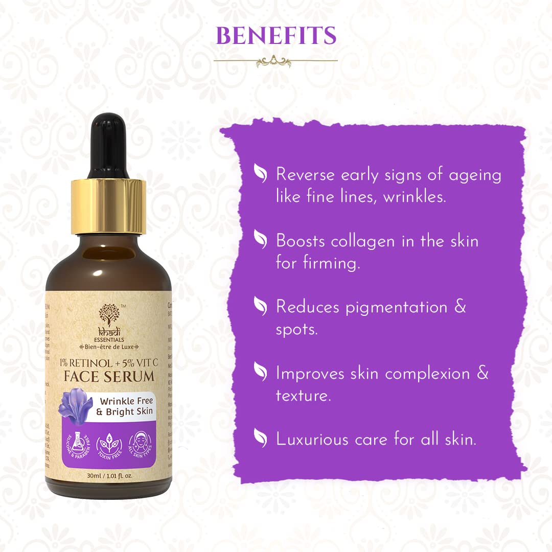 Khadi Essentials 1% Retinol & 5% Vitamin C Face Serum with Bakuchi Extracts for Bright Skin | Reduces Fine Lines, Wrinkles & Pigmentation | for All Skin Type - 30ml