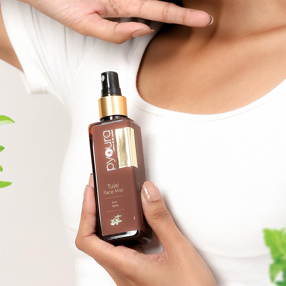 PYOURA Tulsi Anti Wrinkle Glowing Skin Face Mist 100 ml, Anti-Aging Natural Face Serum, Toner For Open Pores Tightening, Instantly Hydrates and Freshens, Toner For Dry Oily Combination Skin