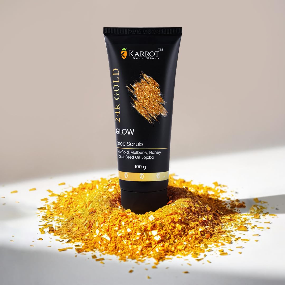 Karrot Natural Skincare Scrub for Face 24K Gold, Cream for Pore Tightening, Boosts Glow and Radiance, Smoothens Texture, Contains Mulberry, Honey, Jojoba Oil, For Men and Women, All Skin Types, 100gms