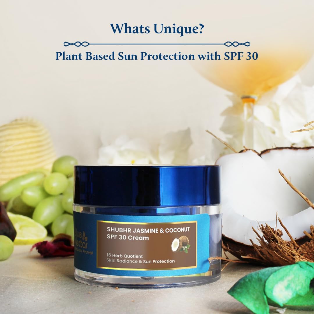 Blue Nectar Coconut Face Cream with SPF 30 Sunscreen for Women | Plant Based Oil Free Moisturizer for Face with Vitamin E | Brightening Sunscreen for Oily, Dry & Sensitive Skin (16 Herbs, 50g)