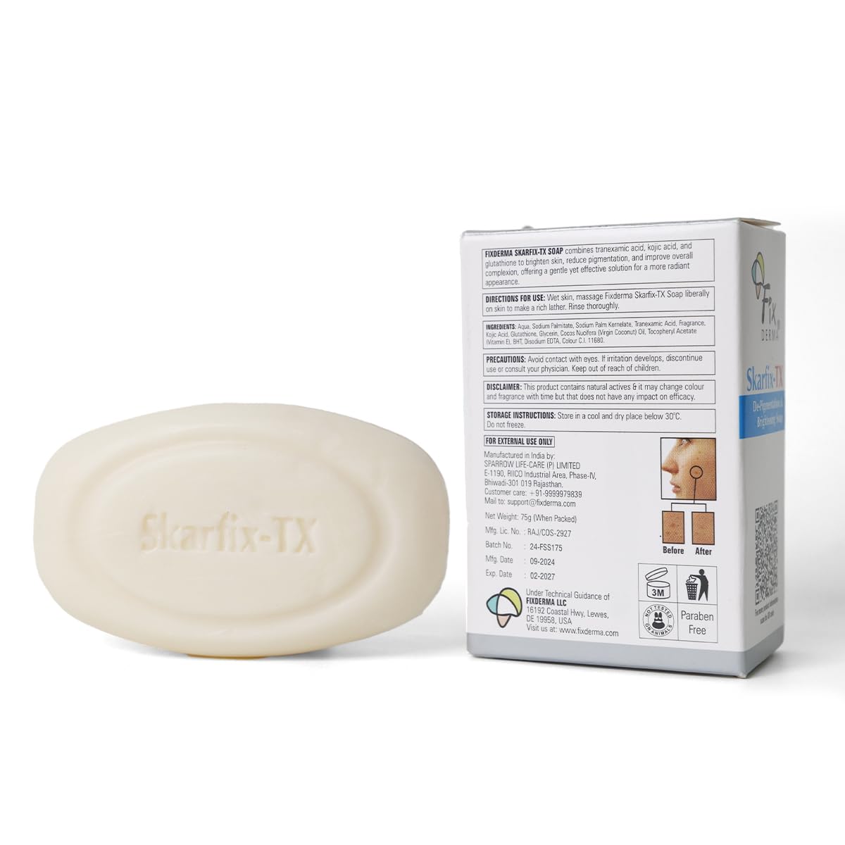 Fixderma Skarfix -TX 1% Kojic Acid Soap for Skin Whitening with Tranexamic Acid | Glutathione for Pigmentation | Skin Whitening Soap for Women & Men - 75gm