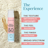 Glamveda Rice & Ceramide Dewy Sunscreen SPF 50 PA+++ | Transparent, Ultra lightweight gel cream | No White Cast, Water & Sweat Proof | For Dry & Sensitive Skin Types 50 ml