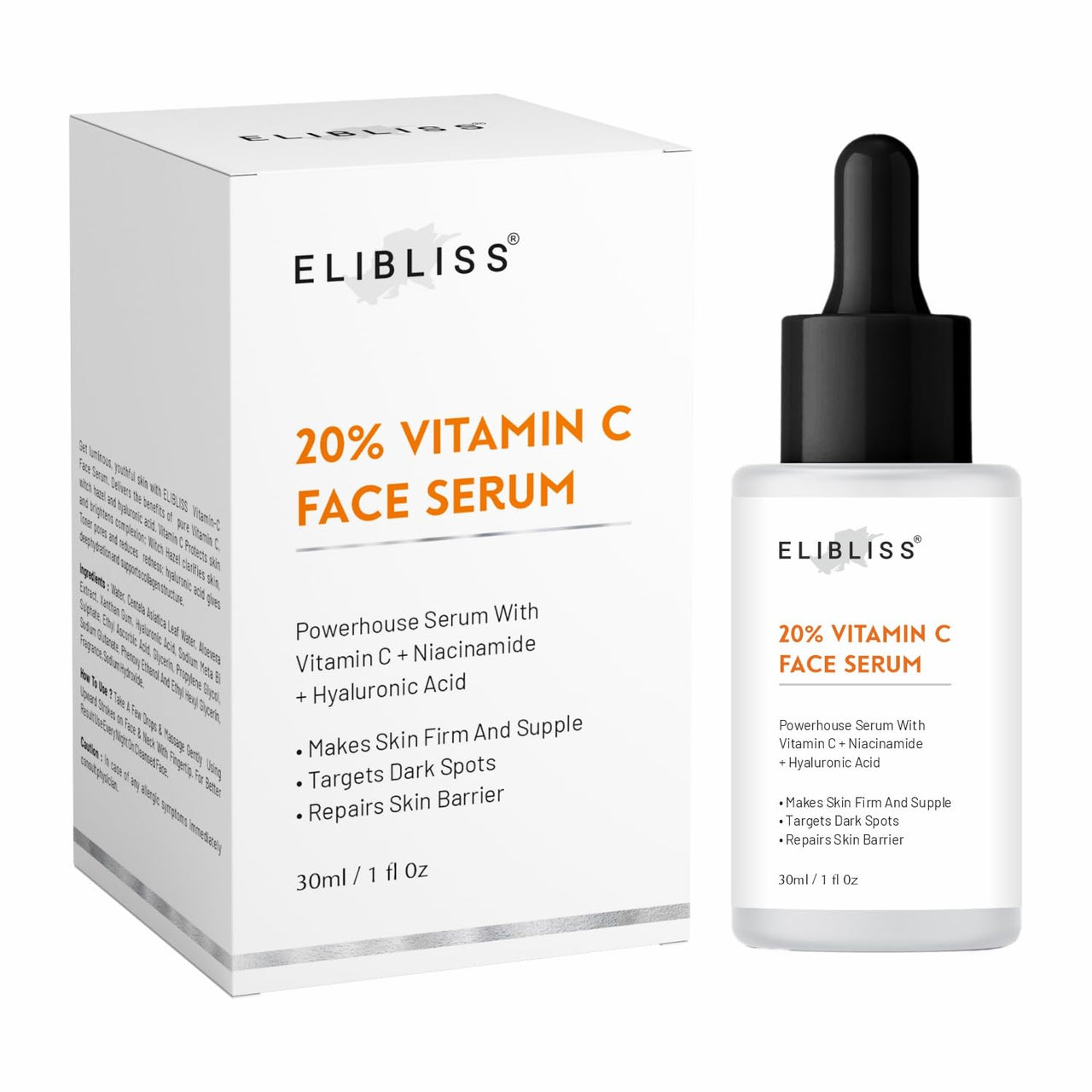 Elibliss Vitamin C Serum 20% for Face – Brightens Skin, Reduces Pigmentation, Fades Dark Spots, Repairs Skin Barrier & Boosts Collagen – 30ml