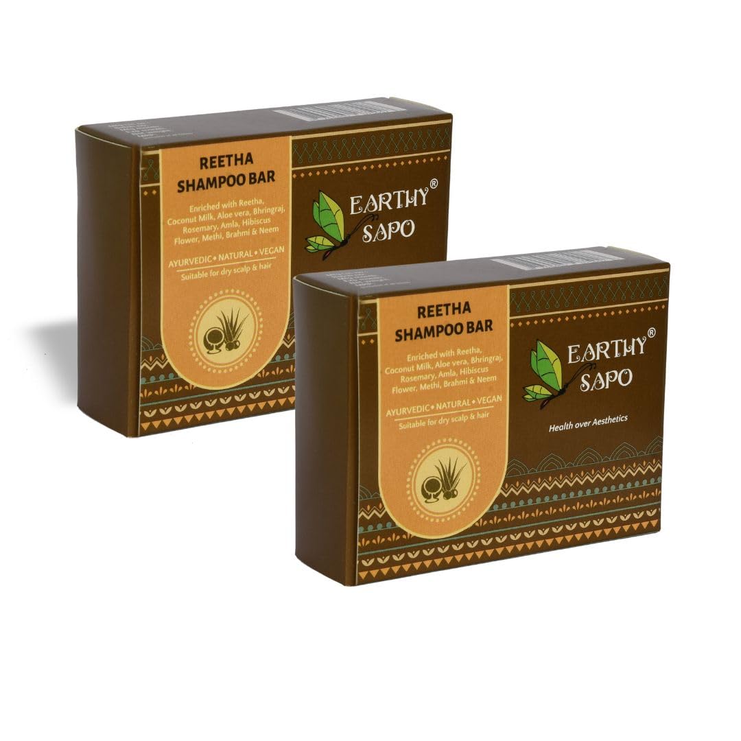 Earthy Sapo Reetha Shampoo Bar for Dry Hair (100g, Pack of 2) | Handmade Ayurvedic Hair Care | Vegan, Chemical-Free, Eco-Friendly | Reetha & Coconut Milk for Nourished Hair