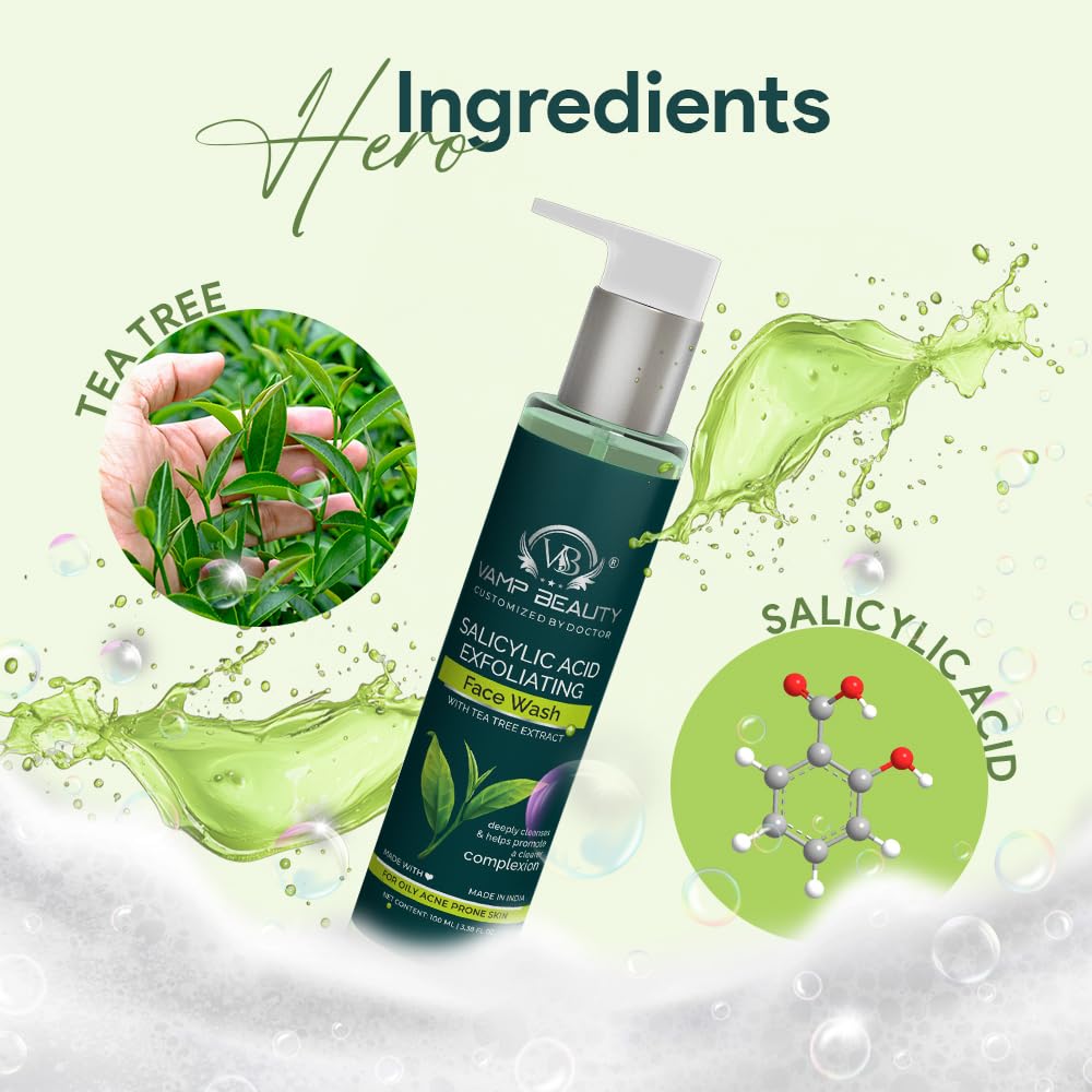 Vamp Beauty 0.5% Salicylic Acid Face Wash for oily acne prone skin with Tea Tree | Oil Control & Pore Cleansing | Gentle Exfoliating Cleanser for Acne-Prone Skin | 100 ml