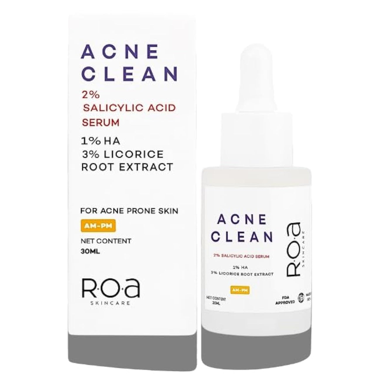 R.O.A Skincare Acne Clean | 2% Salicyclic Acid, 3% Licorice Root Extract, 1% Ha Serum for face acne, blackheads and open pores | Improves skin texture for Acne Prone skin | Men & Women | 30Ml
