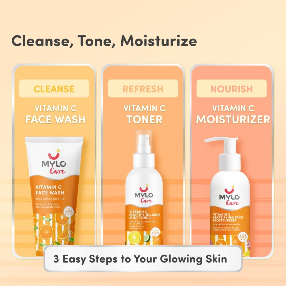 Mylo Care Vitamin C Facial Kit (Face Wash - 100ml, Mist Toner - 200ml and Moisturizer - 100g) - 3 -in-1 Natural Face Care Kit for Women - Paraben & Alcohol free Facial Kit for All Skin Types