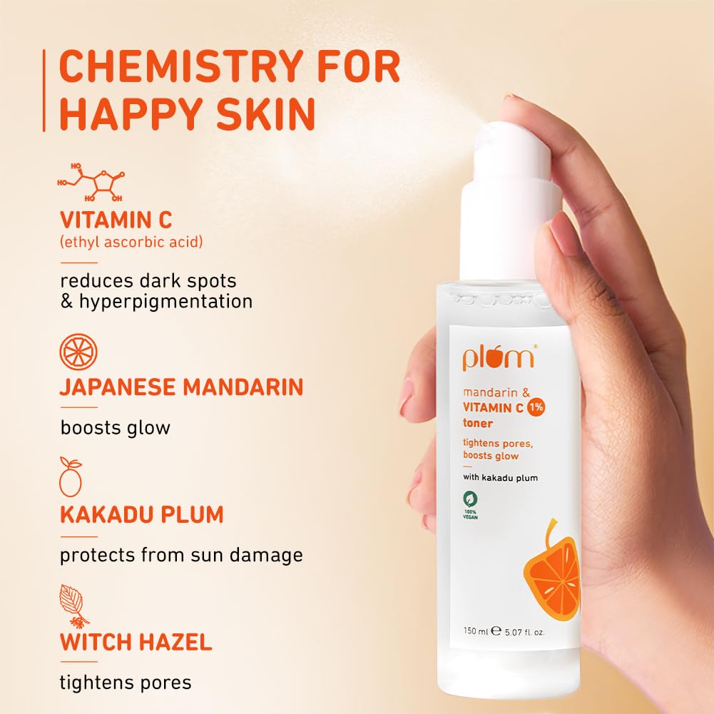 Plum 1% Vitamin C Toner with Mandarin & Kakadu Plum | Alcohol-free Toner | For Glowing Skin | Soft Spray Dispenser | Fragrance-Free | For All Skin Types | Women & Men | 100% Vegan | 150 ml
