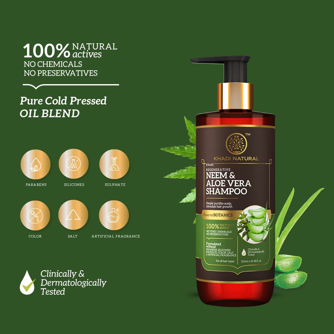 Khadi Natural Neem & Aloevera Shampoo | Shampoo for Hair Growth | Paraben & Artificial fragrance free | Suitable for All Hair Types | Powered Botanics | 310 ml