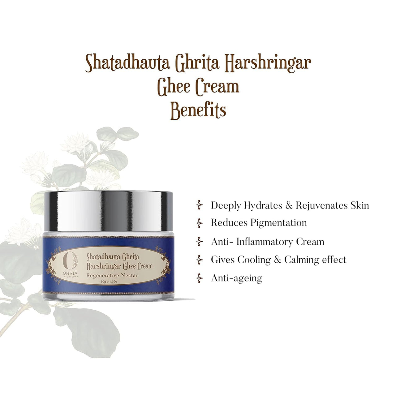 Ohria Ayurveda Shata Dhauta Ghrita Harshringar Ghee Cream |100 Times Washed Ghee Cream With Moon-Harvested Flowers| Hydration & Rejuvenation | Helps in Softens Skin & Anti-agening | Suits All Skin Types - 20g