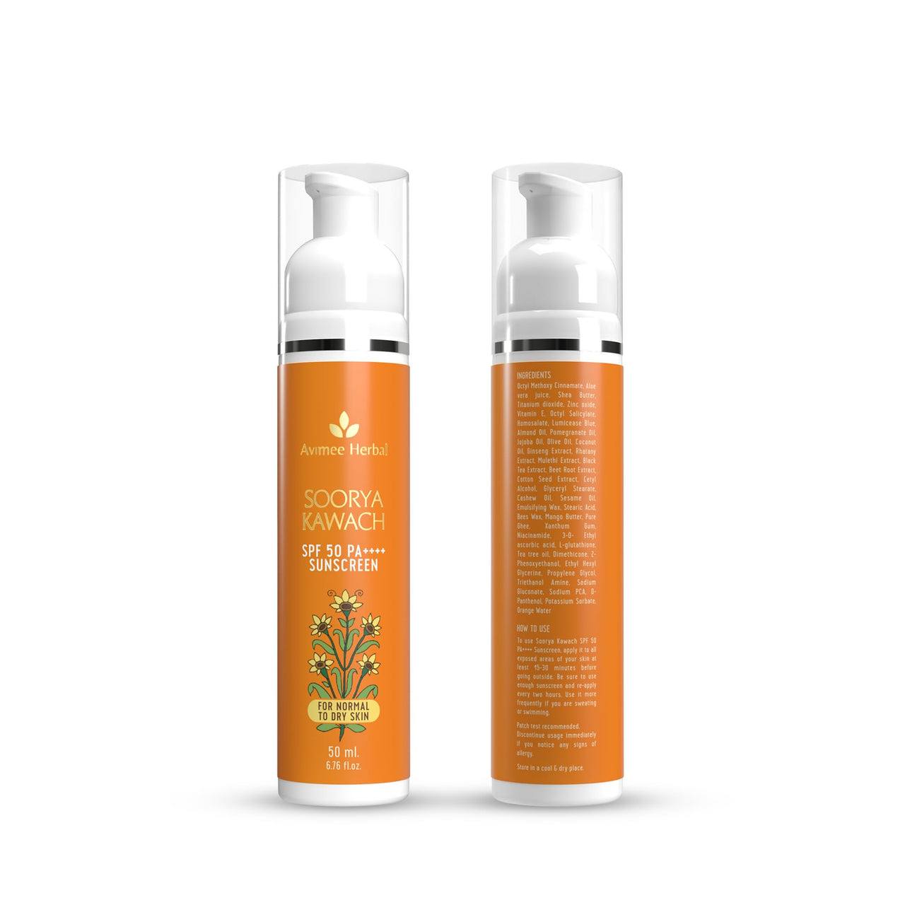 AVIMEE HERBAL Soorya Kawach Sunscreen With De-Tan Extract - 50 ml | Spf 50 PA++++ For Broad Spectrum UVA, UVB & Blue Light Protection | For All Skin Types | Light Weight & Non-Greasy | For Men & Women