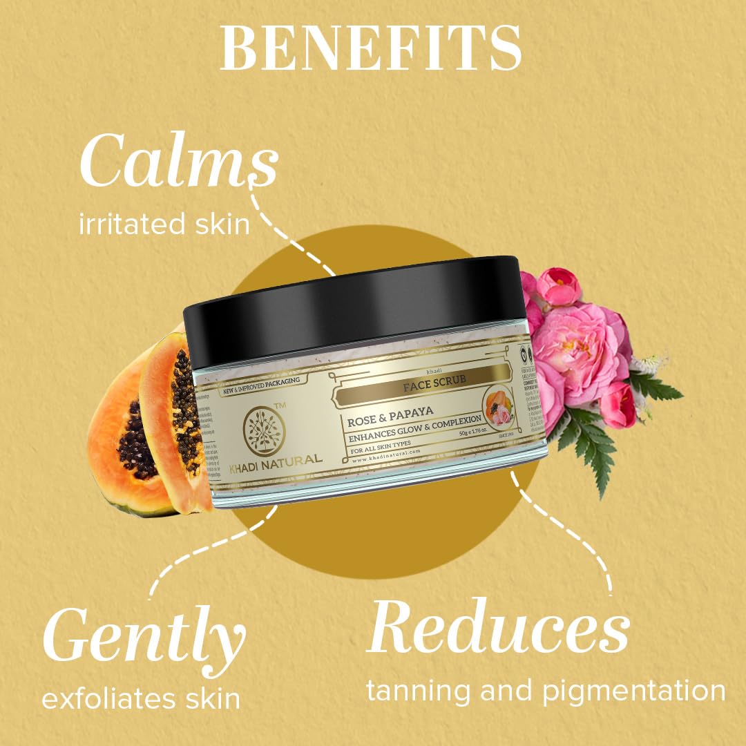 Khadi Natural Rose & Papaya Face Scrub | Softens & Nourishes for Supple Skin| Removes Blackheads| Exfoliates Dead Skin Cells| Suitable for All Skin Types| Pack of 2(50 * 2, 100 g)