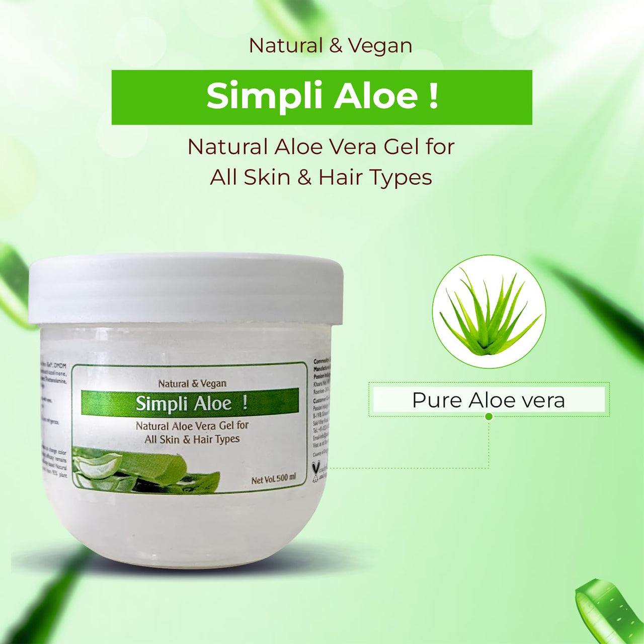 Passion Indulge Aloe Vera gel for Face | Simpli Multipurpose Natural aloe vera Gel for Skin & Hair Type | Coolant | Deep Hydration | Redness | Acne | Vegan - 500 ml