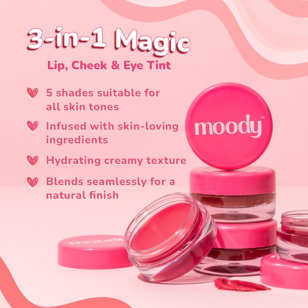 Moody Plush 3-in-1 Lip, Cheek & Eye Cream - Berry Bliss with Cacao Butter, Shea Butter & Jojoba Oil | Long Lasting | Paraben Free Lip Balm Moisturizer For All Skin Type, 5gm