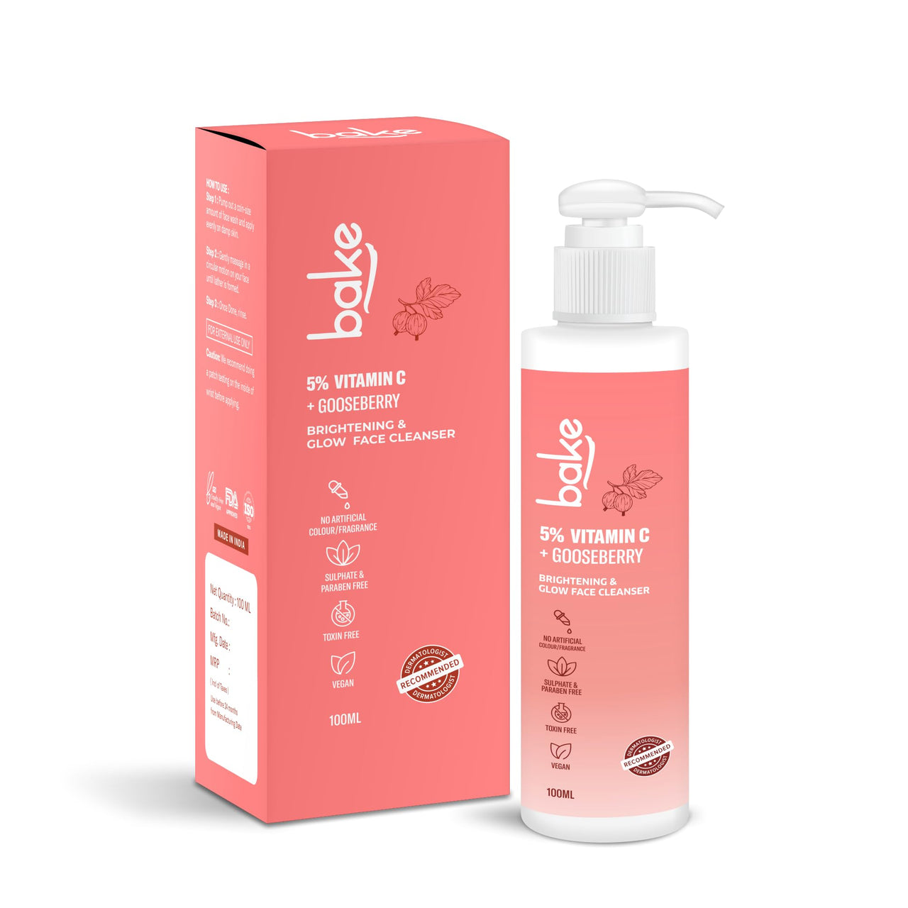 BAKE 5% Vitamin C Face Wash for Pigmentation & Skin Brightening with Gooseberry | Daily Glow Face Wash | All Skin Types | For Women & Men (100 ml)