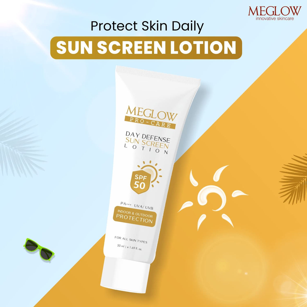 Meglow Pro-Care SPF 50 PA+++ Sunscreen Lotion for Face & Body (50ml) – Broad Spectrum UVA/UVB Protection & Blue Light Defense, Intense Hydration for All Skin Types