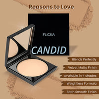 FLiCKA Candid Compact Powder For Velvet Matte Finish, Long-Lasting, Smooth Finish| Absorbs Oil, Waterproof Formula, Prevents Creasing| 02 Beige, 9g
