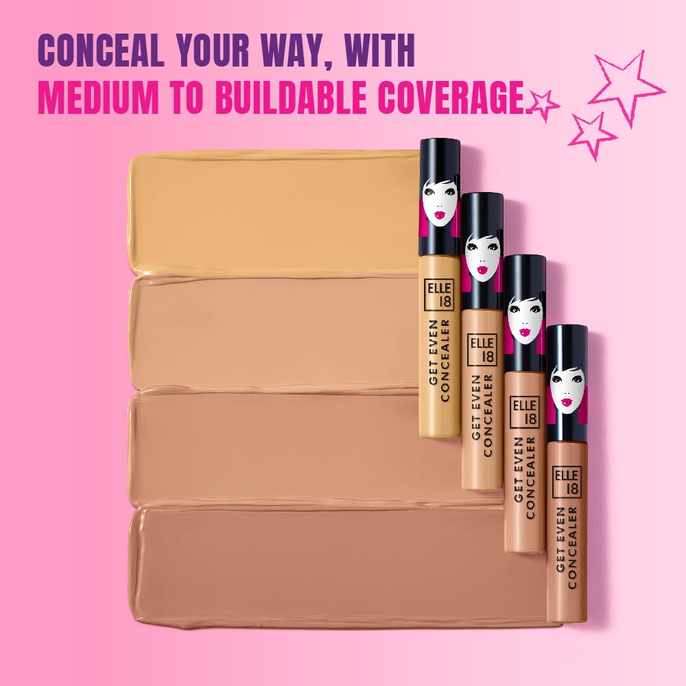 Elle18 Get Even Concealer, Pearl, Buildable Coverage Concealer, Covers Dark Spots, Under-eye & Fine Lines, Crease Resistant, Infused with Niacinamide| 5.4ml