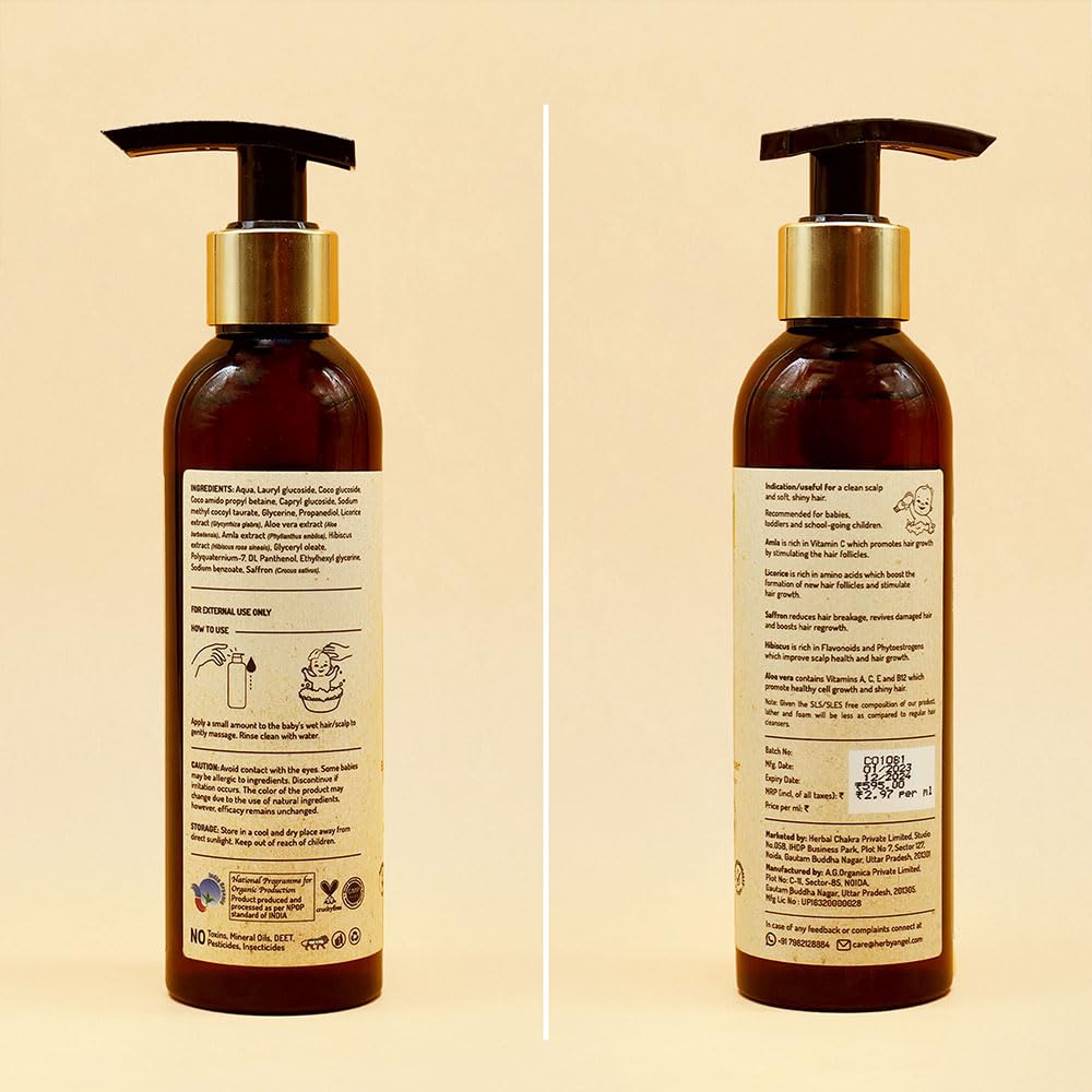 Herby Angel Baby Shampoo - Gentle Baby Hair Care & Cleanser - Natural Cleansing with Licorice, Amla & Saffron - Promotes Hair Growth & Scalp Health - Tear Free Organic Baby Hair Shampoo - 200 ml