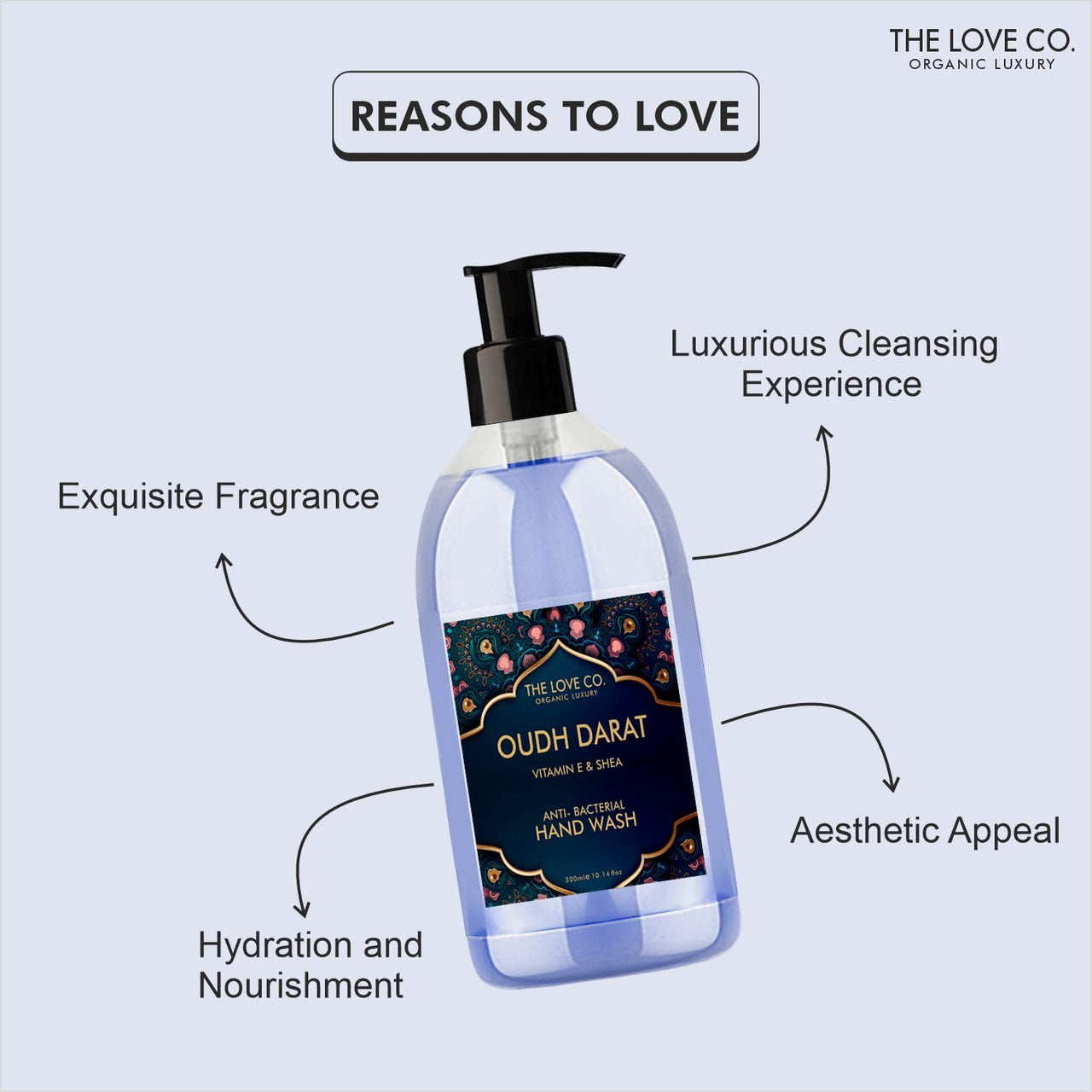 The Love Co. Oudh Darat Hand Wash - Infused, Moisturizing & Soothing - Gentle Cleanser for Soft, Hydrated Hands - Ideal for Sensitive Skin - 300ml