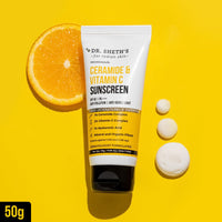 Dr. Sheth's Ceramide & Vitamin C Sunscreen | SPF 50+ Pa+++ | In-Vivo Tested | For Bright Skin & Healthy Glow | Non-Greasy, Quick-Absorbing, No White Cast | UVA/B & Bluelight Protection | For Men & Women | For All Skin Type | 50 g