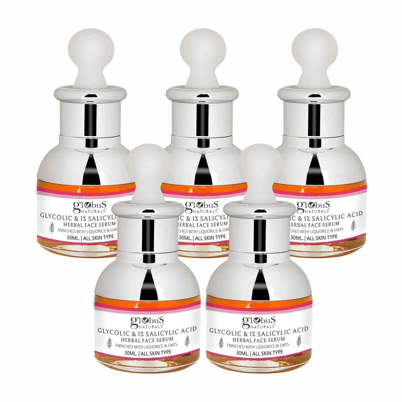 Globus Naturals Glycolic & 1% Salicylic Acid Anti Acne Face Serum, For Oily & Acne Prone Skin, Natural & Ayurvedic Formula, Chemical Free, Cruelty Free, 30 ml, Pack of 5