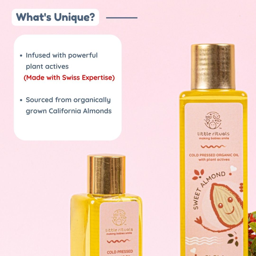 Little Rituals SWEET ALMOND (BADAM OIL) Baby Massage Oil and Hair oil, Cold Pressed and Certified ORGANIC with SWISS Plant Actives. Dermatologist Tested by Pediatrics, Mild & Gentle & Safe (100 ML)