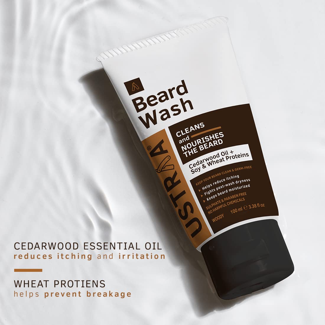 Ustraa Beard Wash Woody - 100 ml - Sulphate-free Beard Wash | Daily Use Hair Conditioner - 100gm -with Water Hyssop (Brahmi) & Vitamin E | & Hair Serum Anti-Dandruff - 200ml | with Tea Tree & Ginger