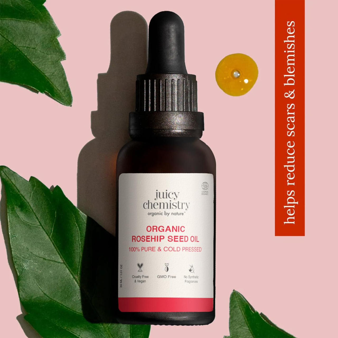 Juicy Chemistry Organic Rosehip Oil for Skin, Face & Hair 30 ml | Cold Pressed & Therapeutic Grade Carrier Oil for Face Massage, Makeup Prep, Scars, Cuticles, Stretch Marks, Fine Lines & Wrinkles