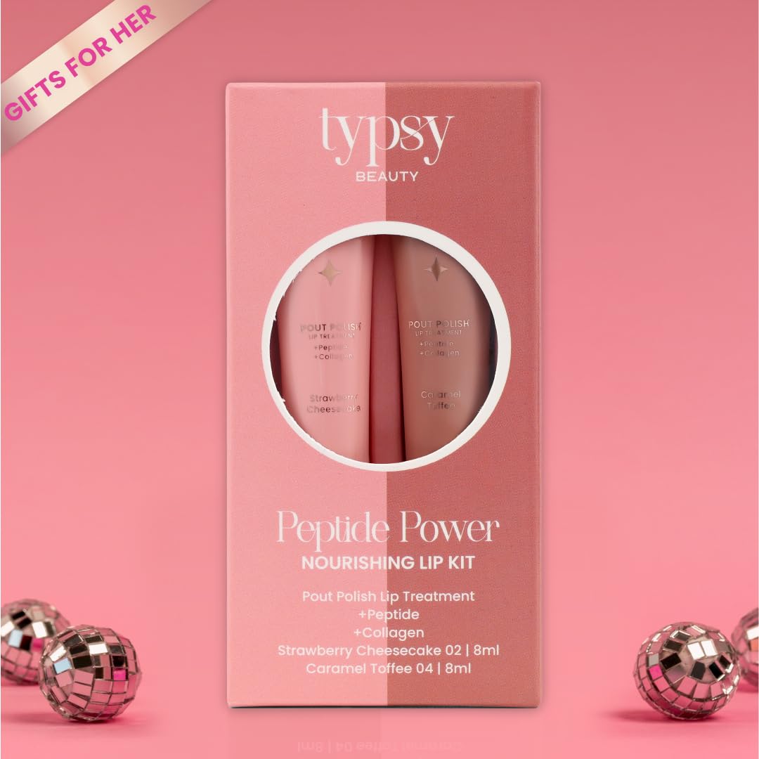 Typsy Beauty Pout & Polish Lip Balm Kit | Hydrating with Peptides & Collagen | Deep Moisture with Cooling Metal Applicator | Strawberry Cheesecake & Caramel Toffee Lip balm | 8ml