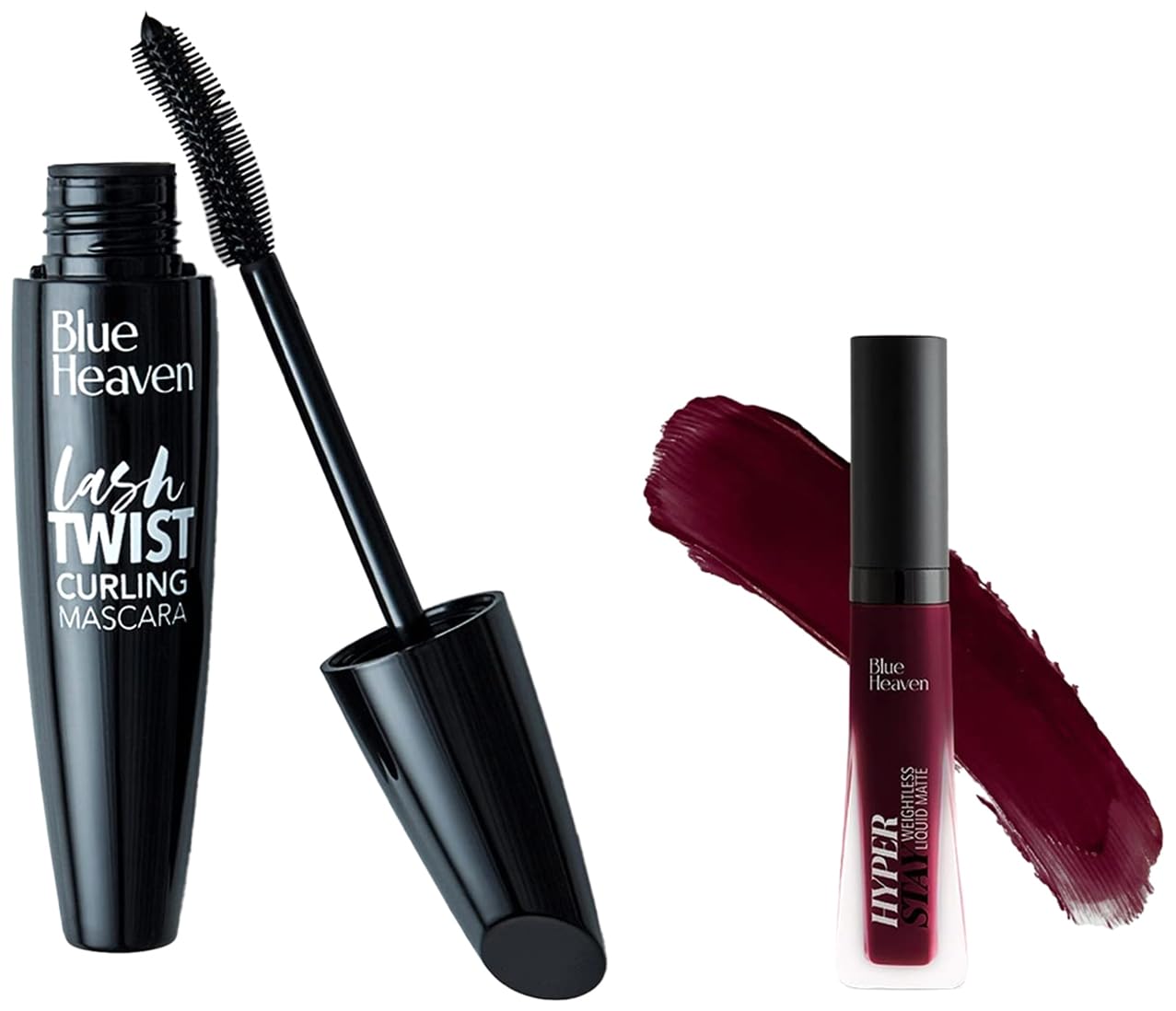 Blue Heaven Lash Twist Mascara, Black, 12 ml & Blue Heaven Hyperstay Weightless Liquid Matte| Lipstick For Women| Mystic Maroon-05, 6 ml