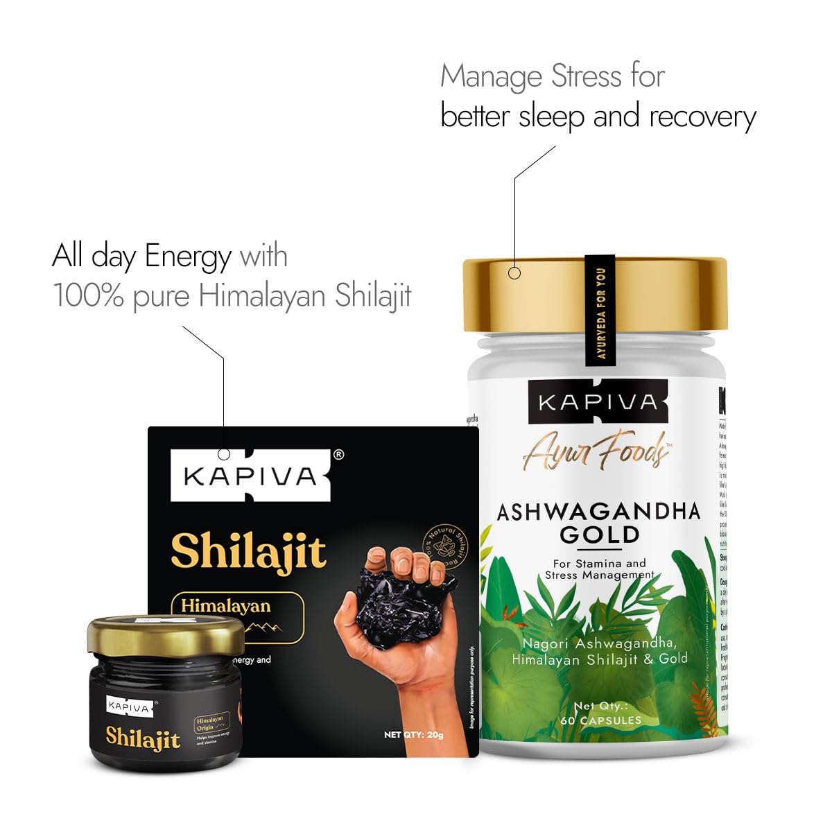 Kapiva Himalayan Shilajit + Ashwagandha Gold|Boost Stamina&De-Stress|Natural&Ayurvedic,Tablet