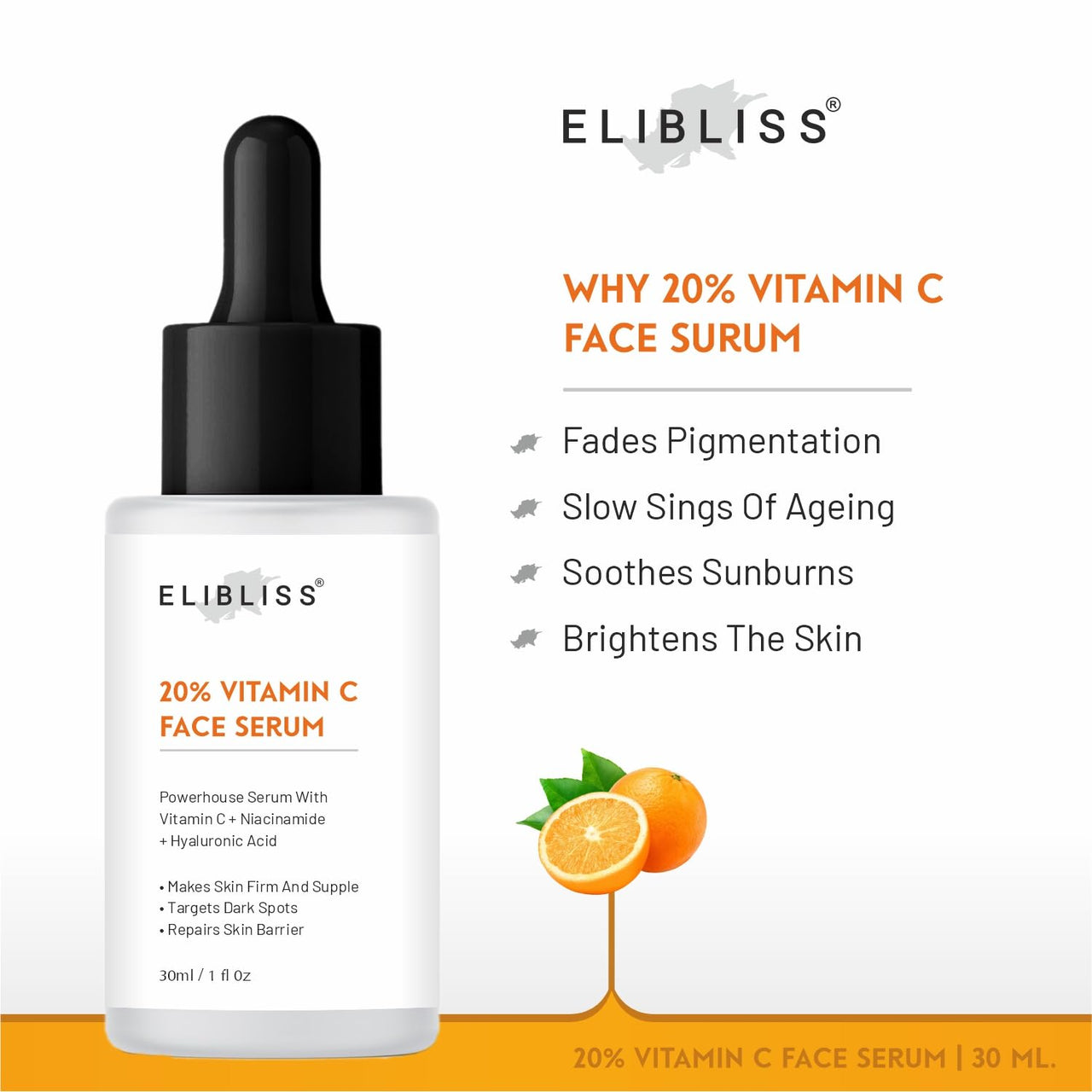 Elibliss Vitamin C Serum 20% for Face – Brightens Skin, Reduces Pigmentation, Fades Dark Spots, Repairs Skin Barrier & Boosts Collagen – 30ml